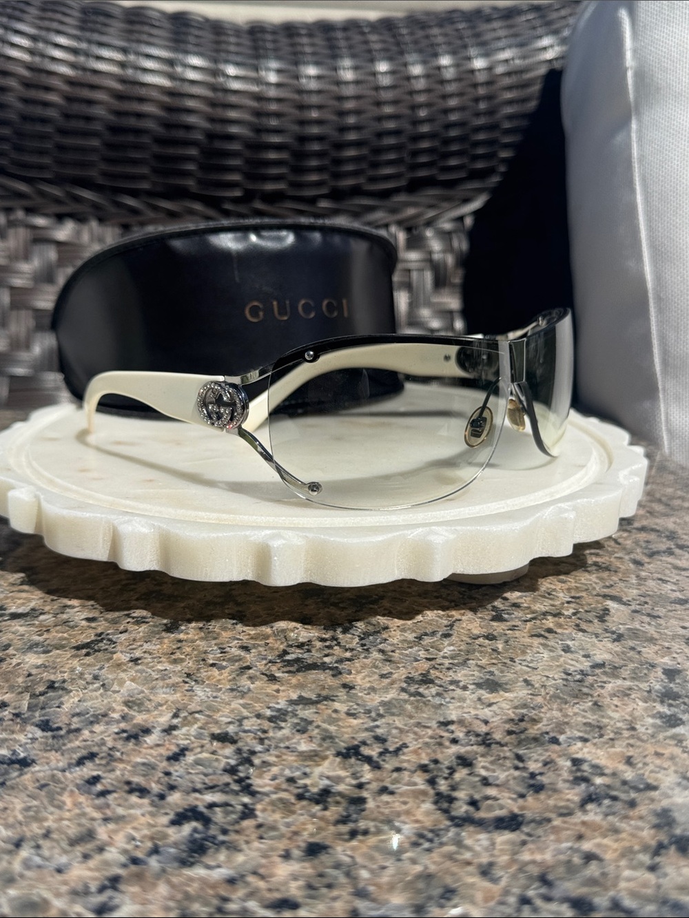 Gucci Rimless Shield Sunglasses in White and Black with Silver Accents